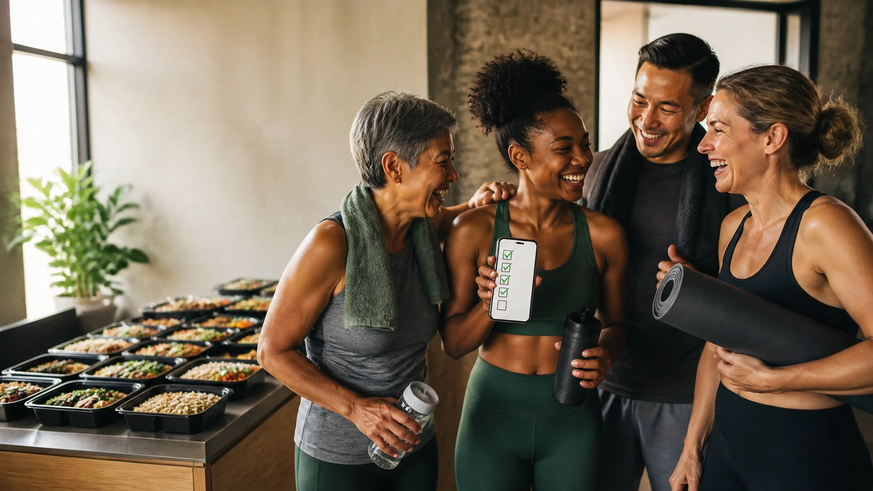 A diverse group of friends supporting one another during a six-week wellness challenge in a bright fitness studio