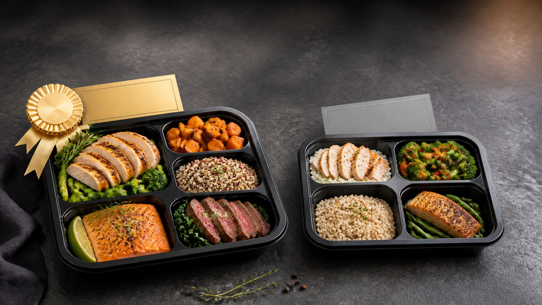 Two prepared meal boxes compared side by side, with the protein-focused Model Health Meals box presented as the preferred cho