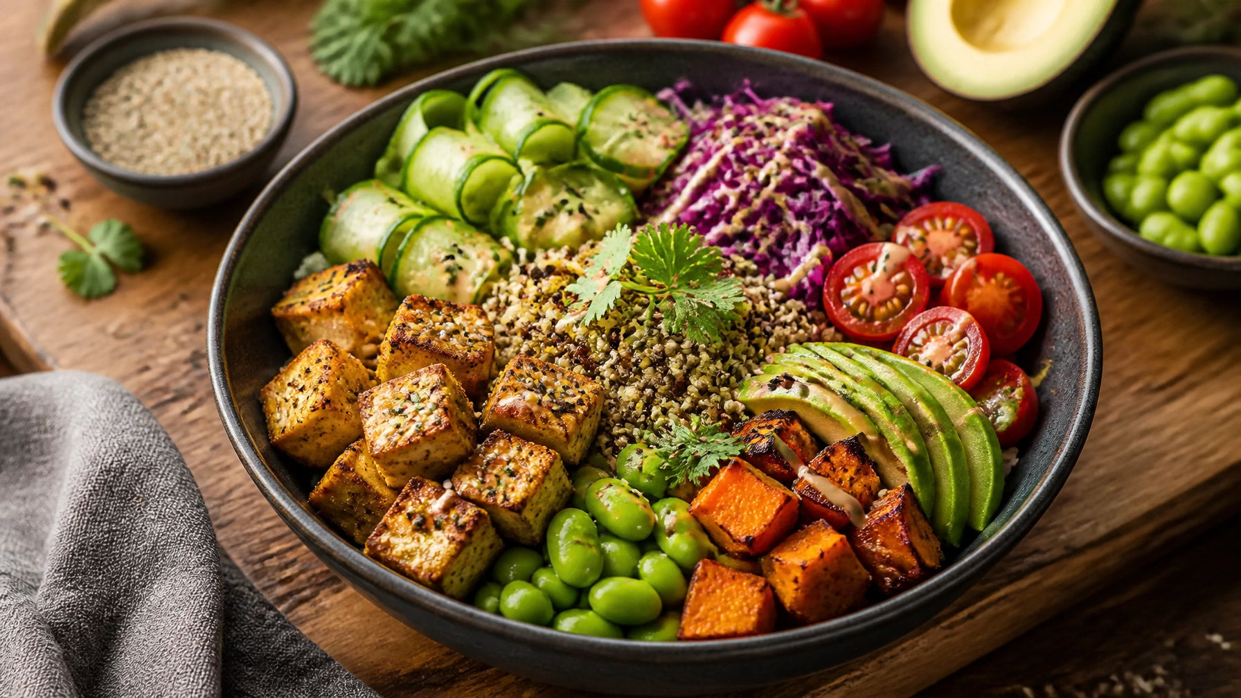 Vibrant plant-based bowl with crispy tofu, quinoa, roasted vegetables, avocado, and fresh greens