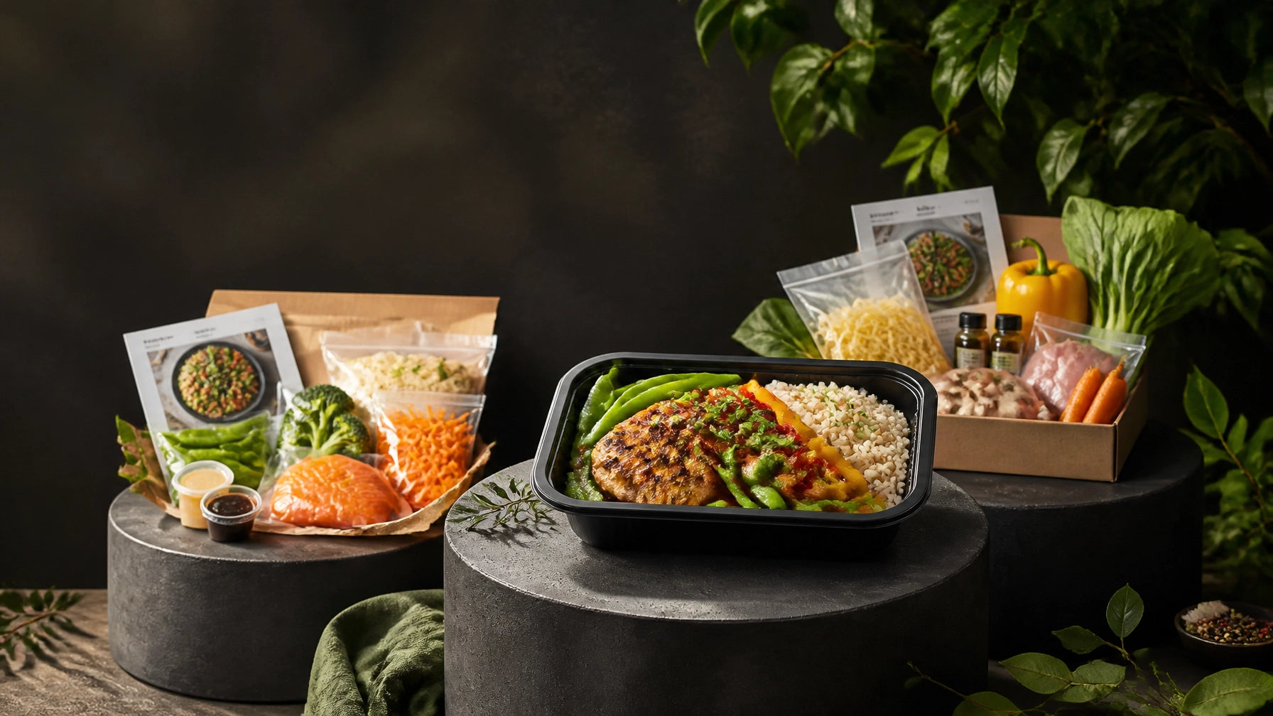 Three-way meal delivery comparison with a Model Health Meals-style prepared meal taking first place on a podium