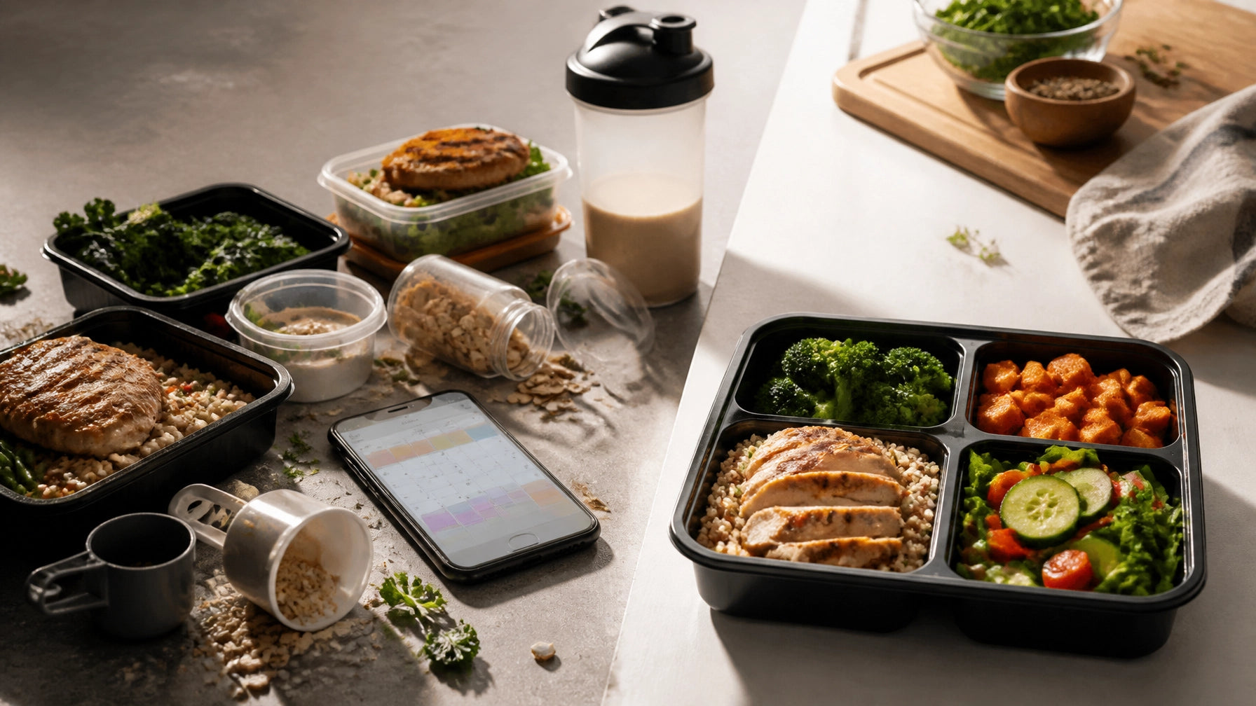 Organized healthy meal box beside a chaotic meal-prep setup showing common mistakes