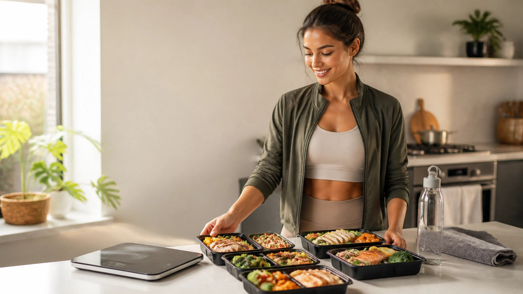 Confident person beginning an empowering weight loss journey with fresh prepared meals and a digital scale in a bright kitche
