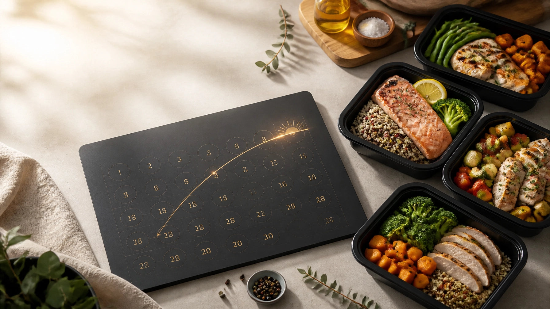 Thirty-day metabolism reboot journey with a calendar, healthy meal containers, and warm energy-inspired lighting