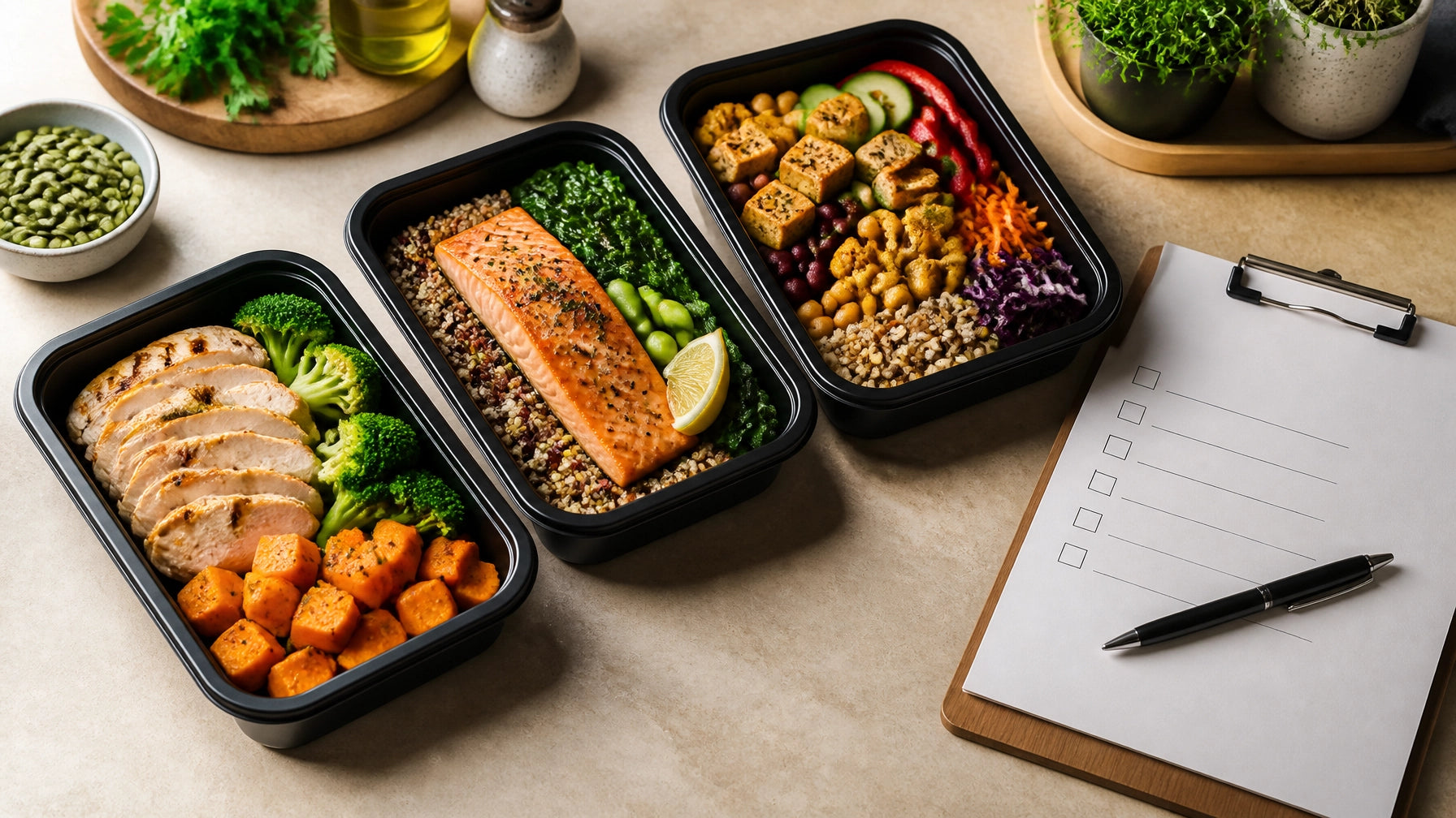 Three healthy meal boxes arranged beside a meal delivery comparison checklist