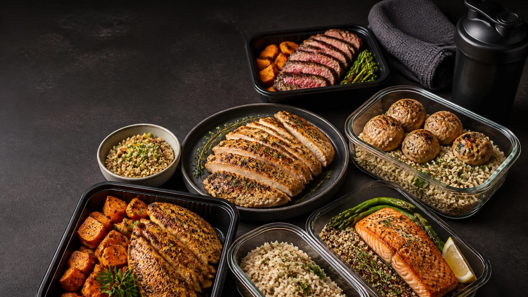 Dynamic high-protein meal prep spread with grilled chicken, salmon, sirloin, tilapia, turkey meatballs, rice, quinoa, farro a