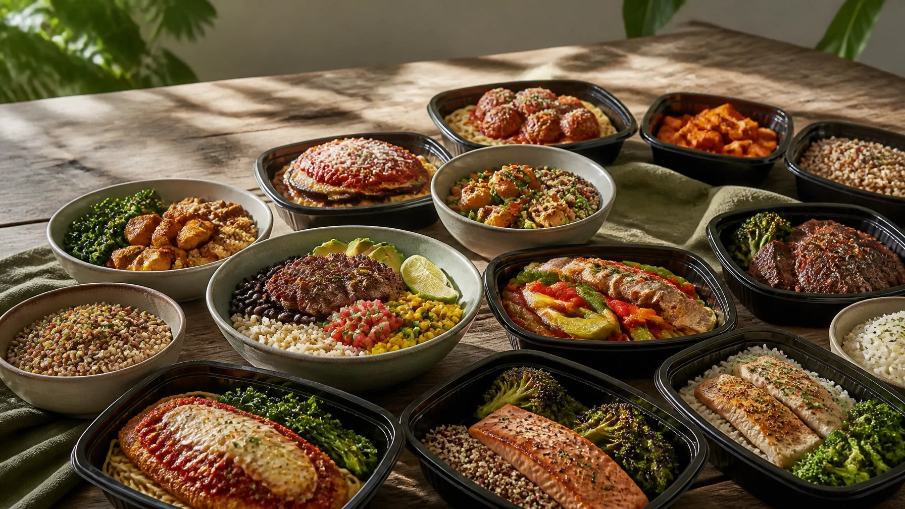 A colorful spread of ready-to-eat healthy meals, including bowls, proteins, vegetables, grains, and vegan options