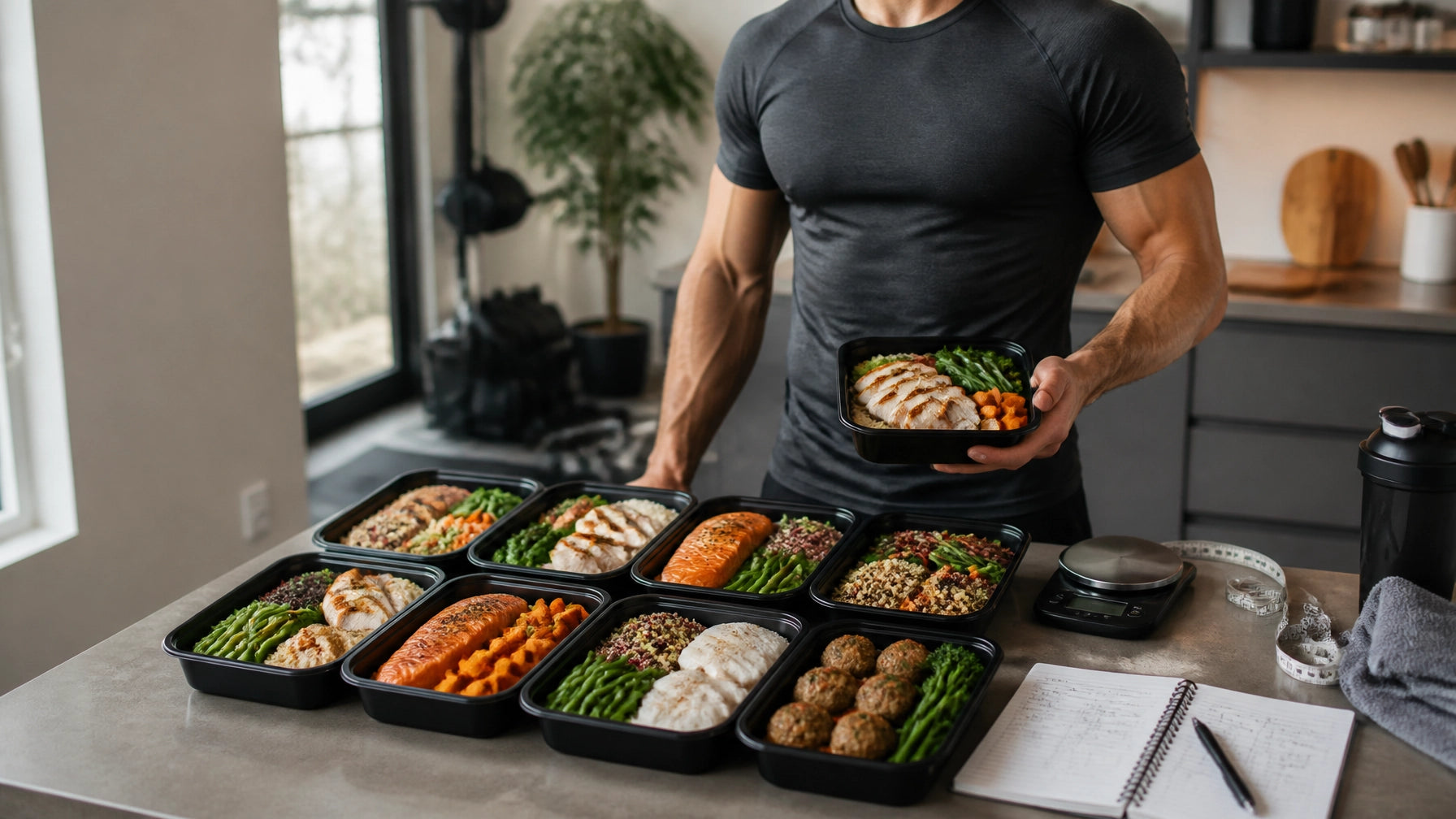 Lean athletic bodybuilder in a cutting phase beside precisely portioned high-protein meal prep containers