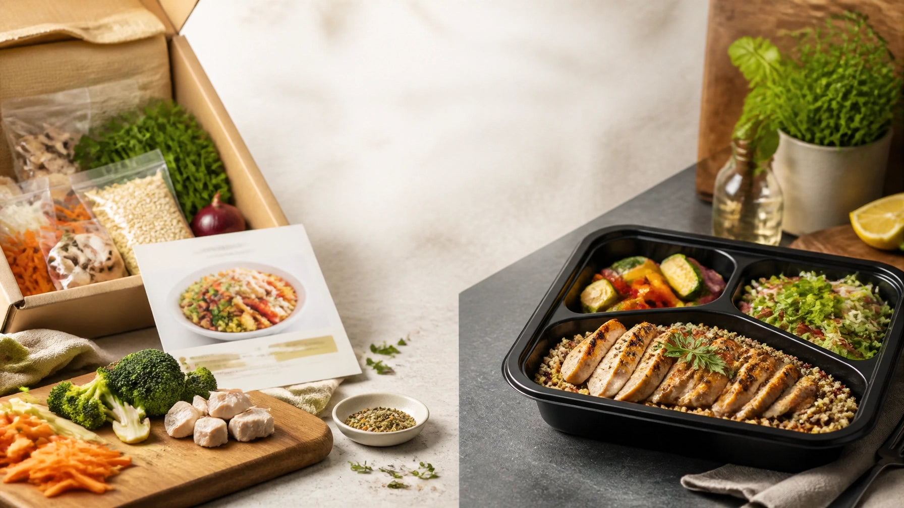 Split scene comparing a raw meal kit with a finished ready-to-eat healthy meal