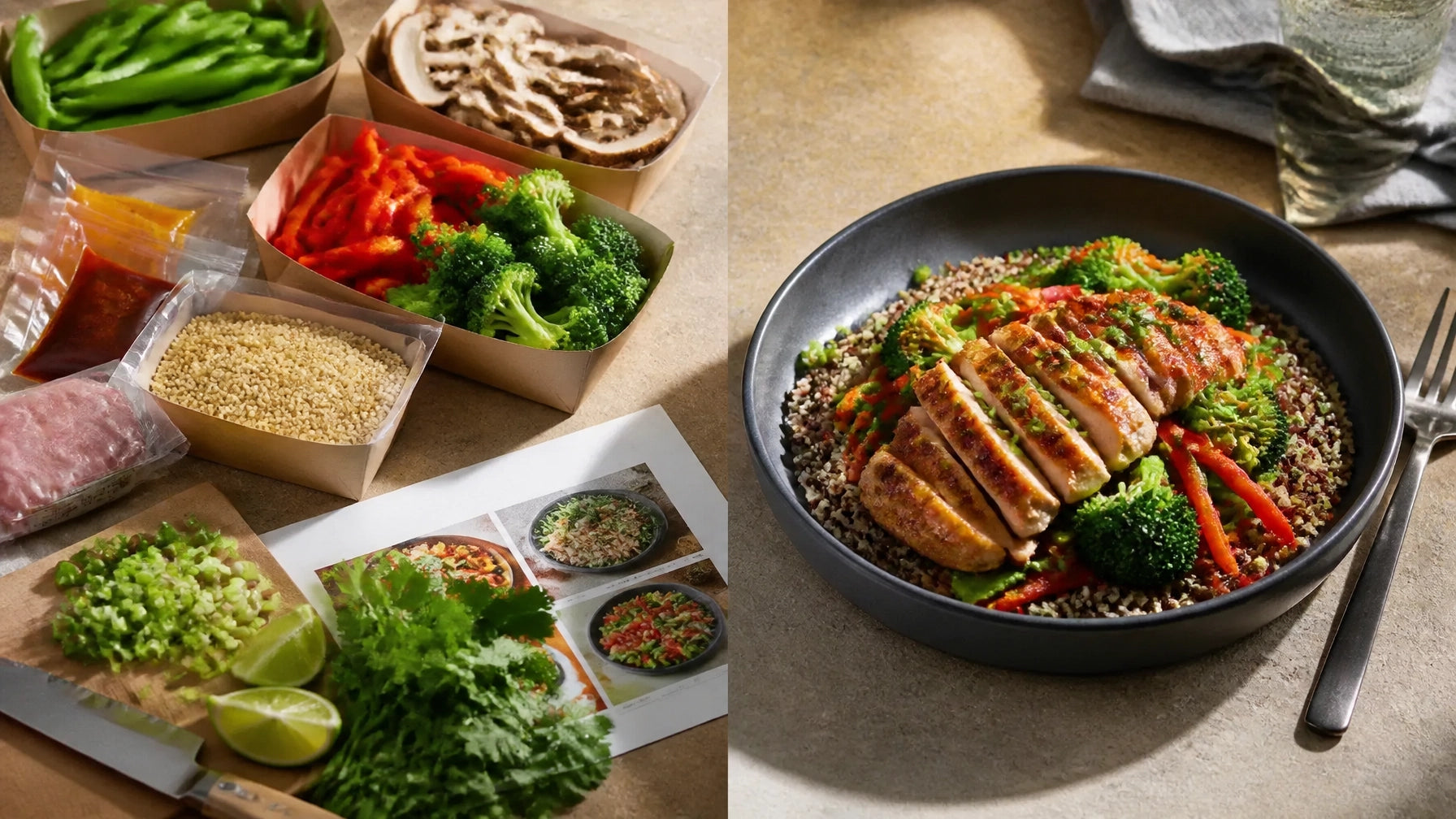 Split food photography showing raw meal-kit ingredients beside a plated chef-prepared balanced meal