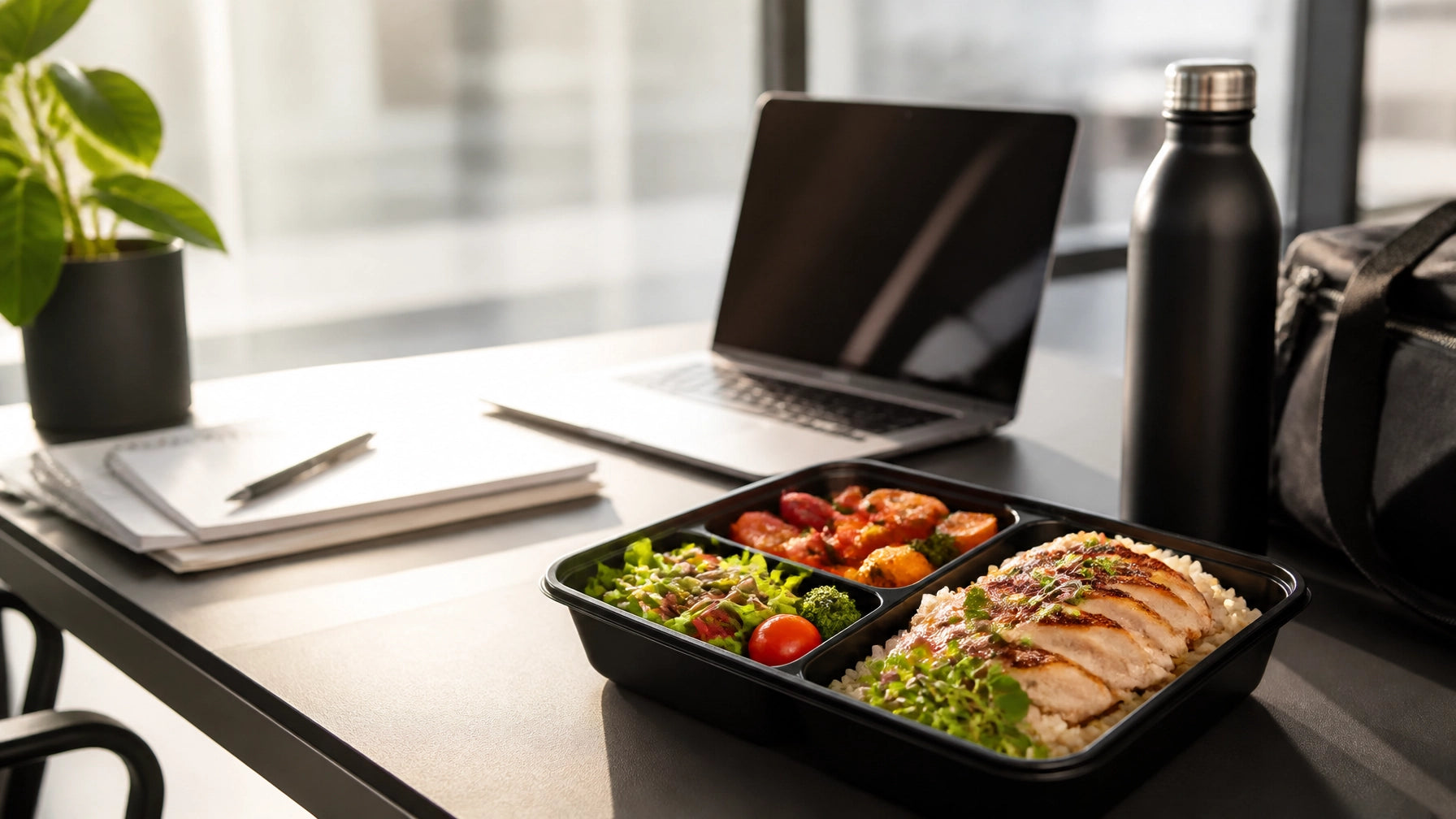A macro-friendly prepared meal box on a sleek modern office desk beside a laptop and notebook